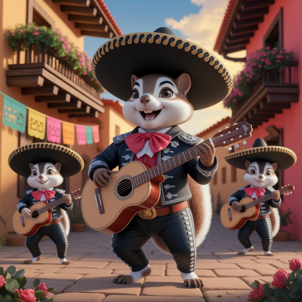 Squirrel Mariachi Band in Traditional Mexican Village