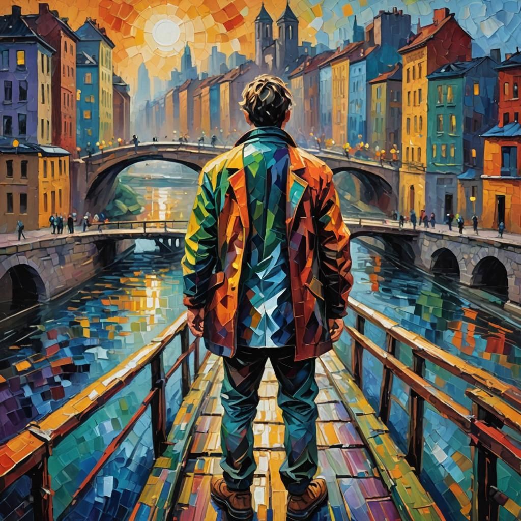 Expressionist Figure on Bridge in Neo-Impressionist Style