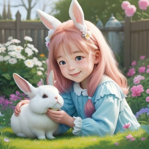 Joyful Child Plays with Fluffy Rabbit in Garden