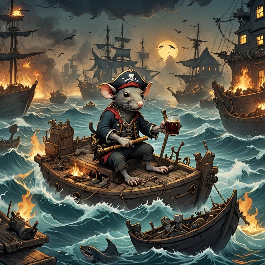 Pirate Rat on Branch Raft Amidst Burning Metropolis