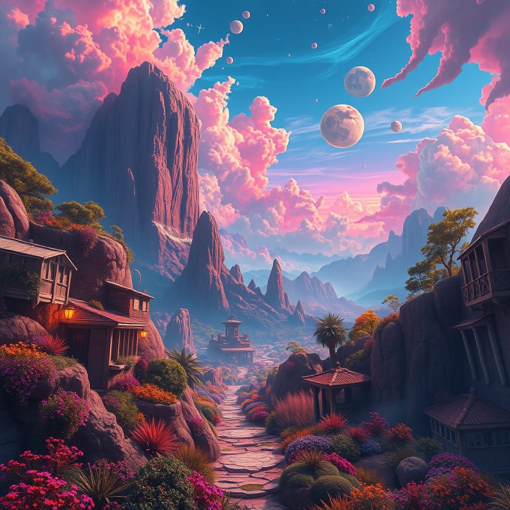 Surreal Fantasy Village in Dreamlike Futuristic Style