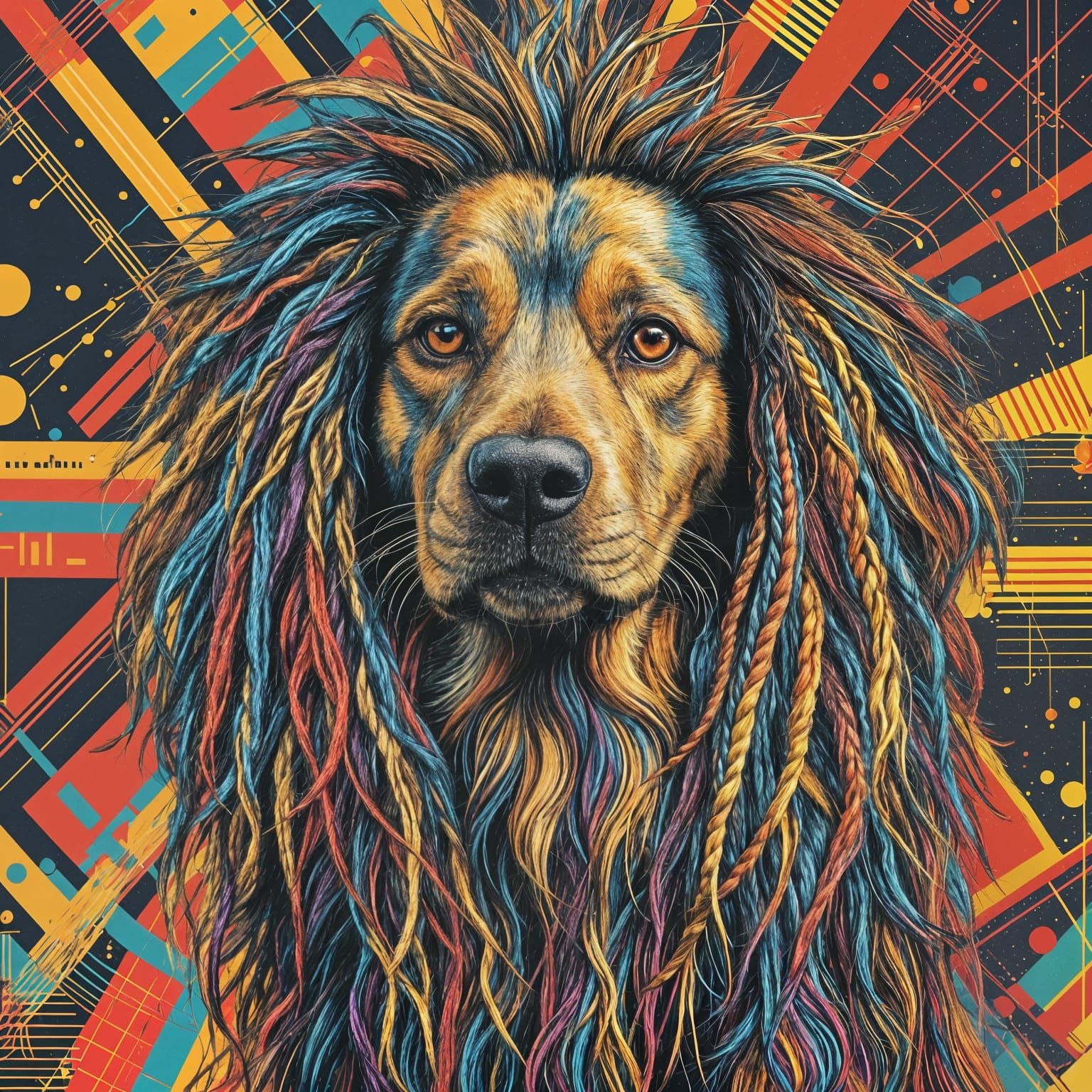 Dog with Dreadlocks in Pop Art Style