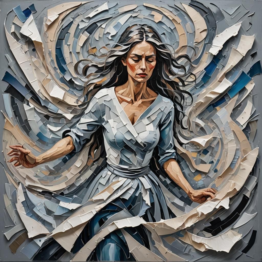 Emotive Woman in Torn Paper: Expressionist Oil Painting