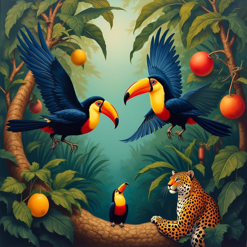 Toucans, Jaguar, and Tropical Fruit Trees Painting