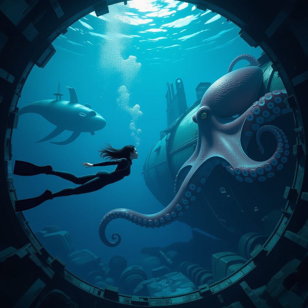 Asian Woman Explores Submarine Wreckage with Giant Octopus i...