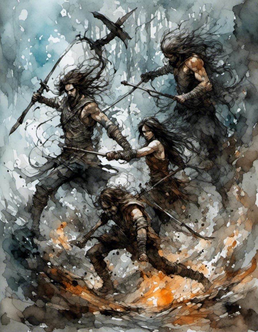 Barbarian Warriors Battle Steampunk Creature in Ink Painting