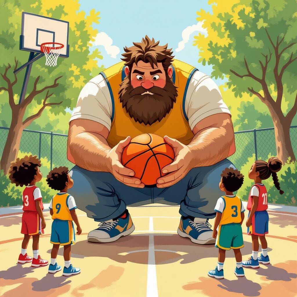 Kind Giant Plays Basketball with Children in Whimsical Style