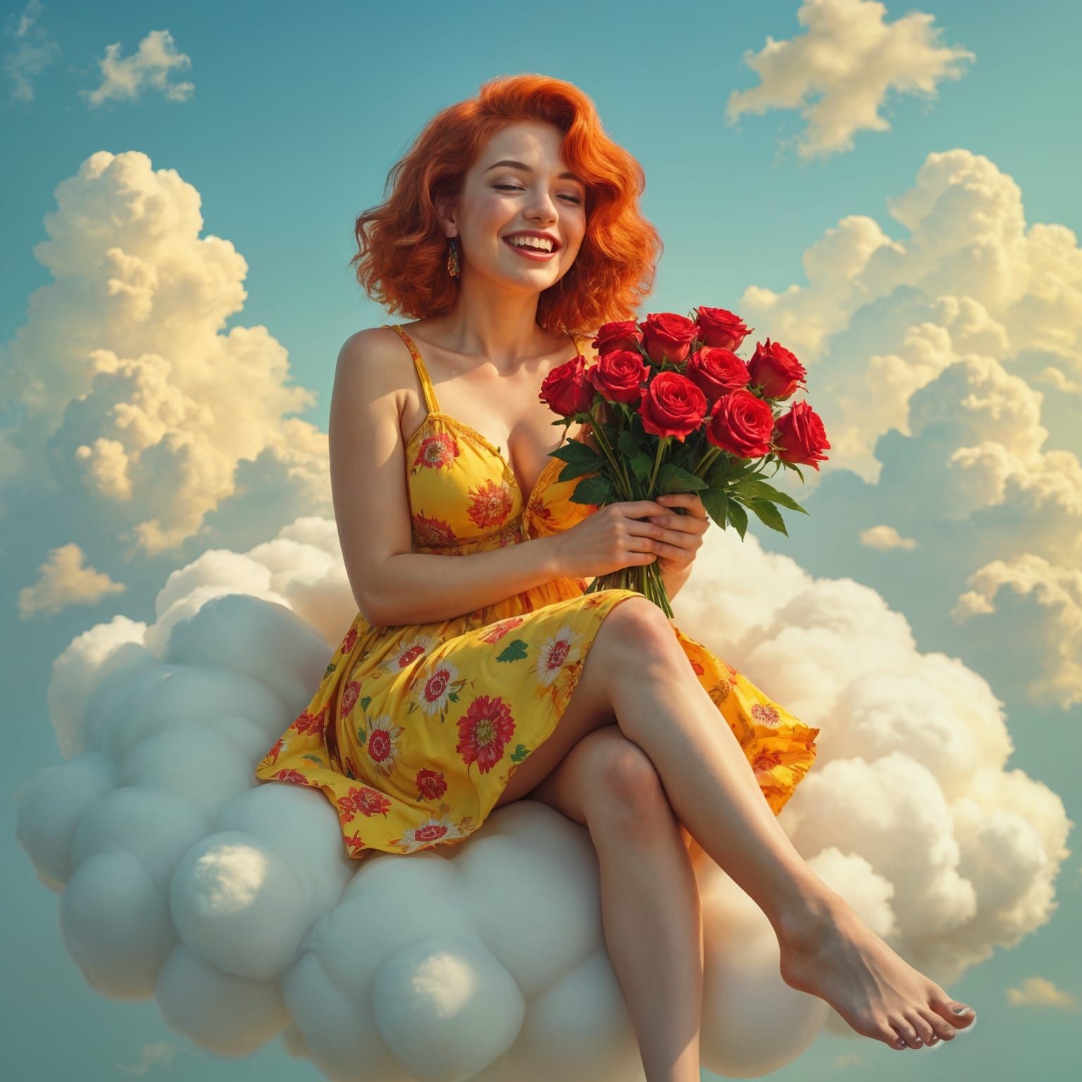Woman on Cloud with Roses: Hyperrealistic Image