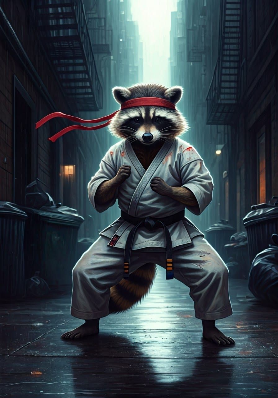 Realistic Raccoon in Karate Gi, Crimson Headband, and Fighti...