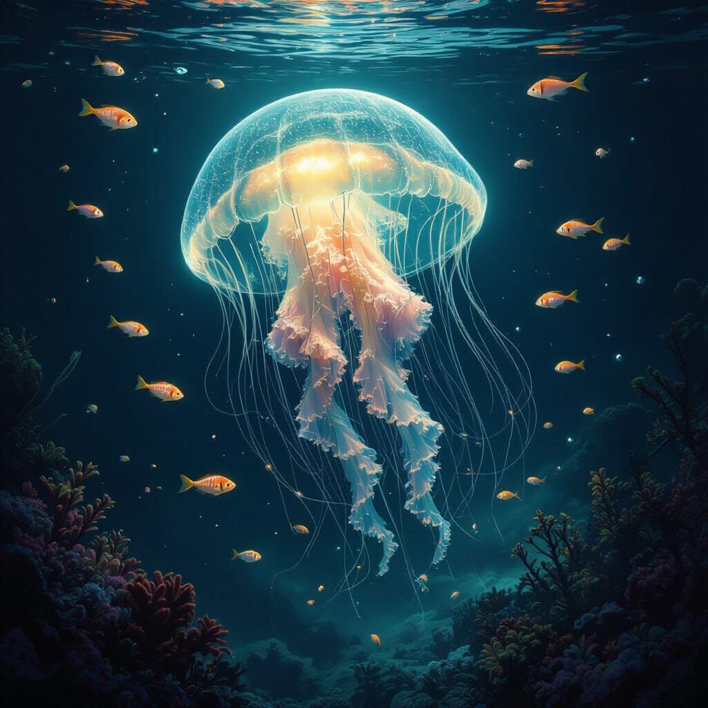 Bioluminescent Jellyfish Drifting in Alien Ocean