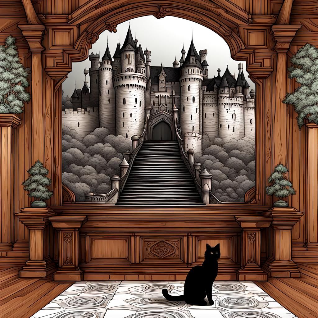 Castle Interior with Sideboard, Mirror, and Black Cat