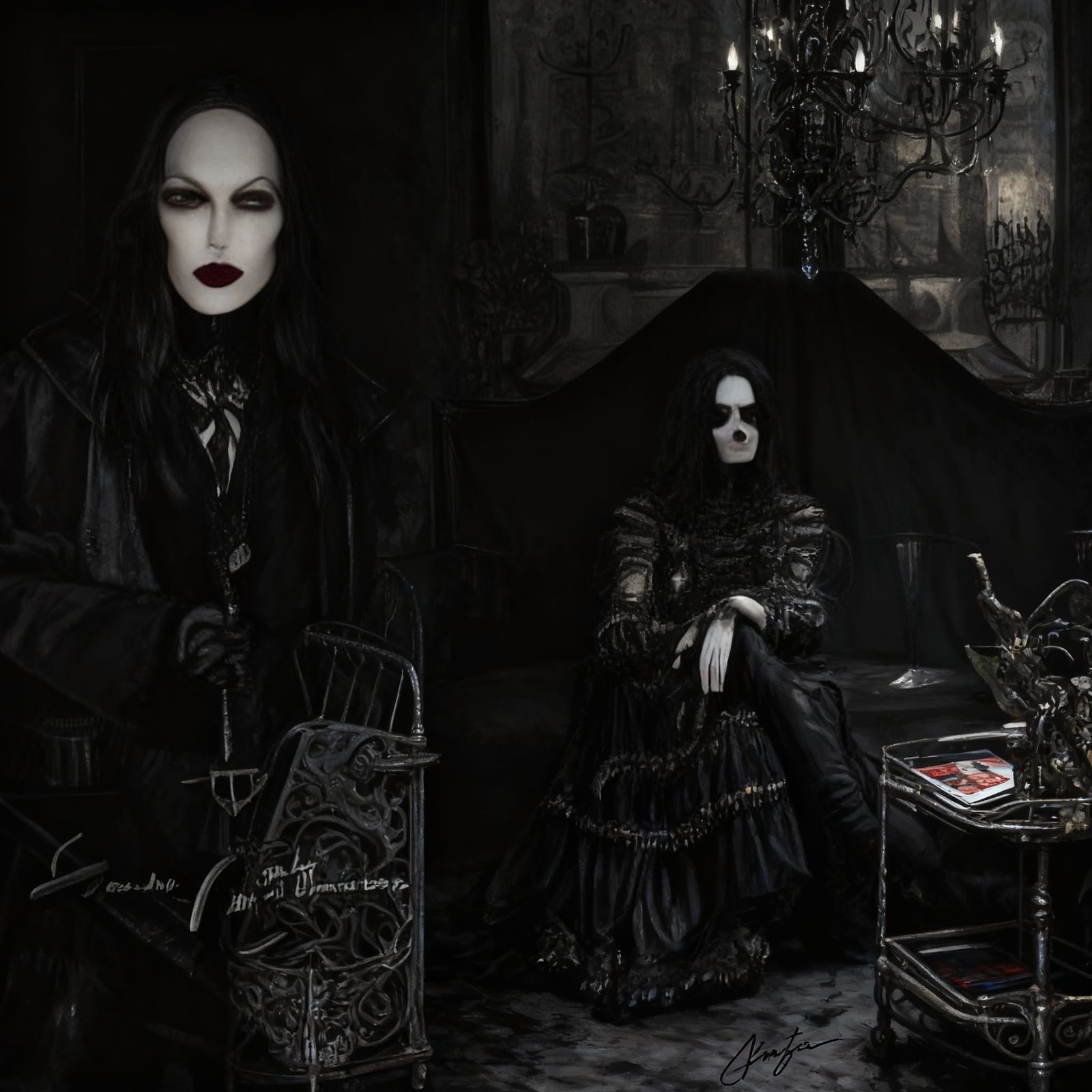 Goth Celebrities Pose Near Magazine Rack in Dark Fantasy Sty...