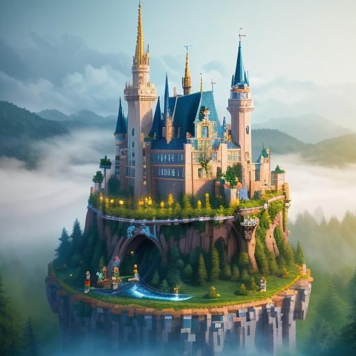 Lego Disney Castle in Lush Forest: Digital Art