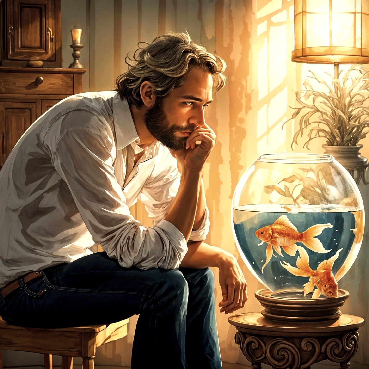 Man Contemplates Goldfish in Watercolor Style