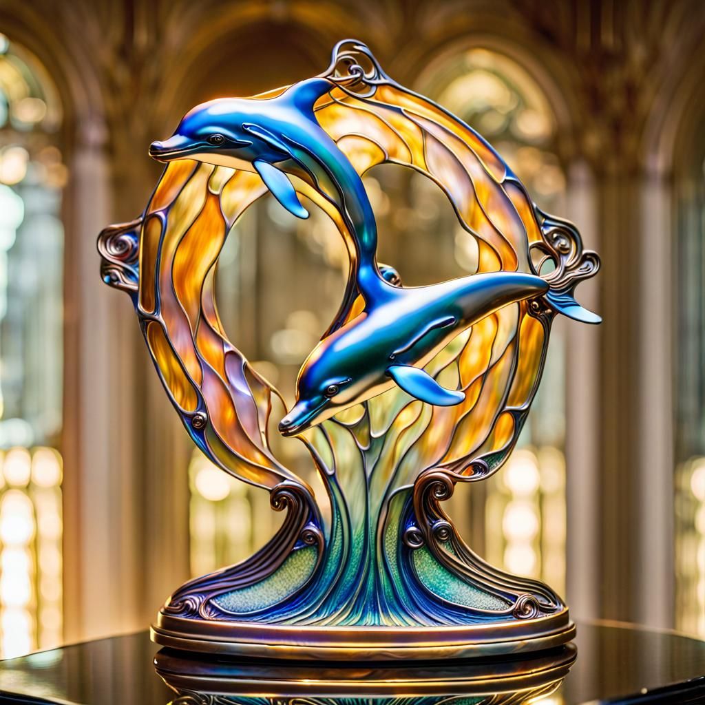 Art Nouveau Glass Dolphins Golf Sculpture