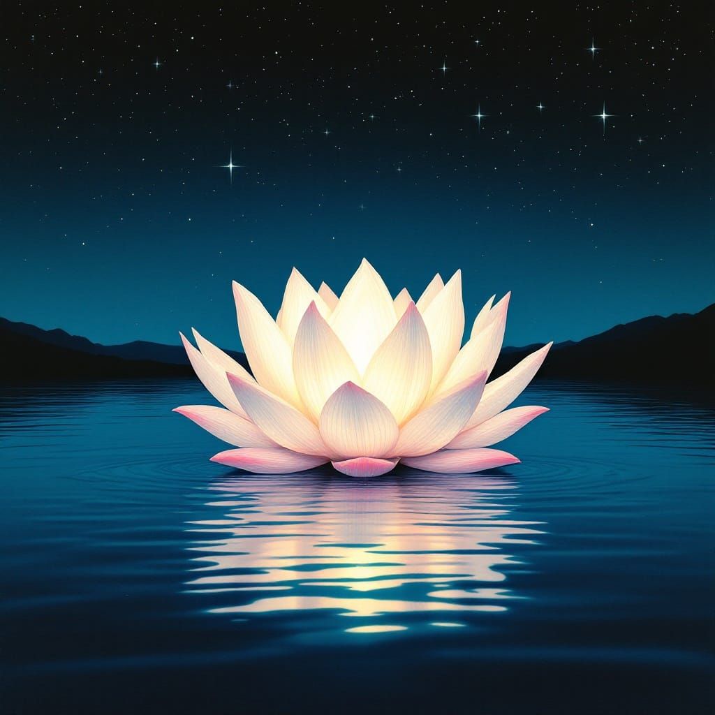 Glowing Lotus Flower Under Cyan Starry Sky