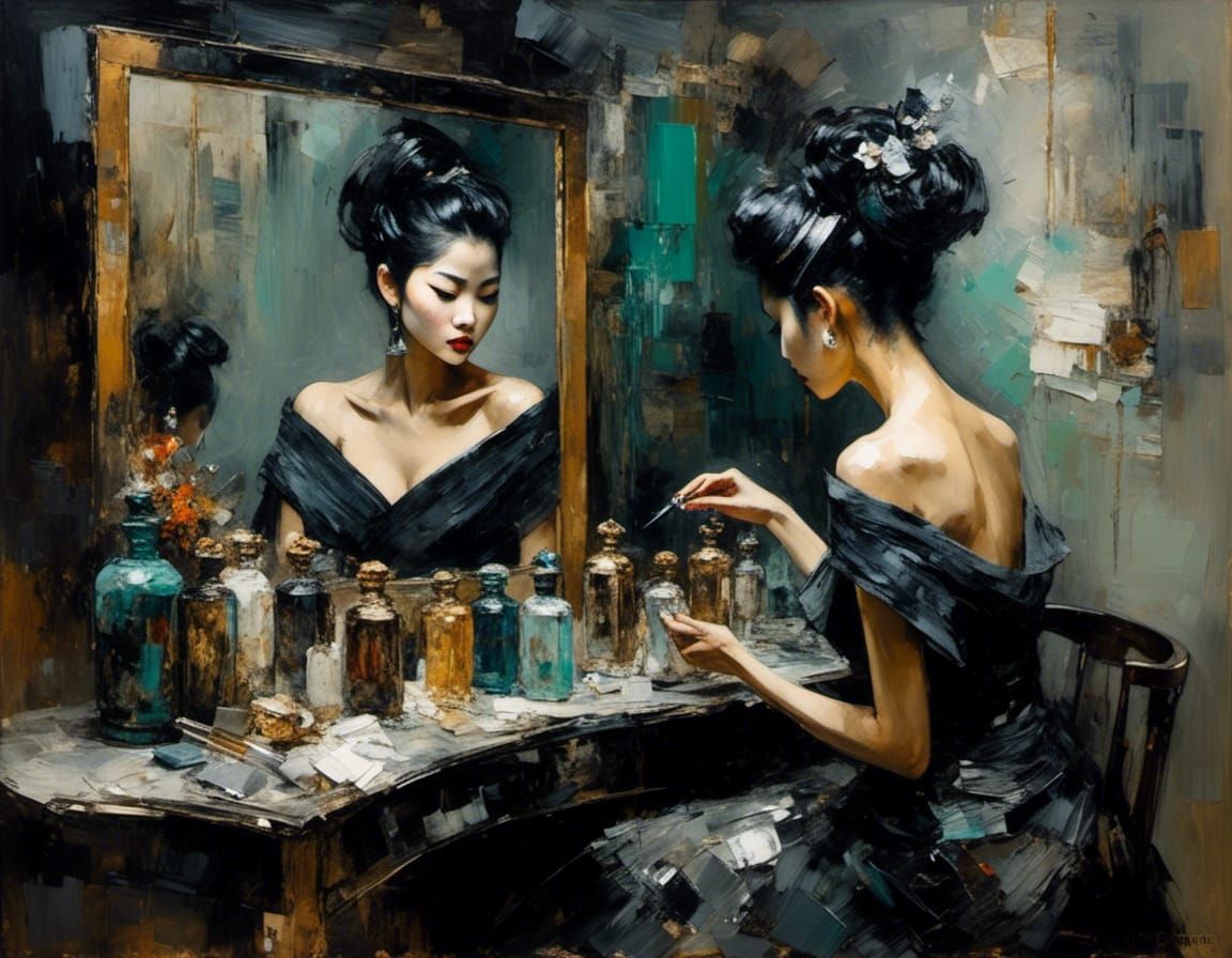 Abstract Oil Painting: Asian Woman with Perfume