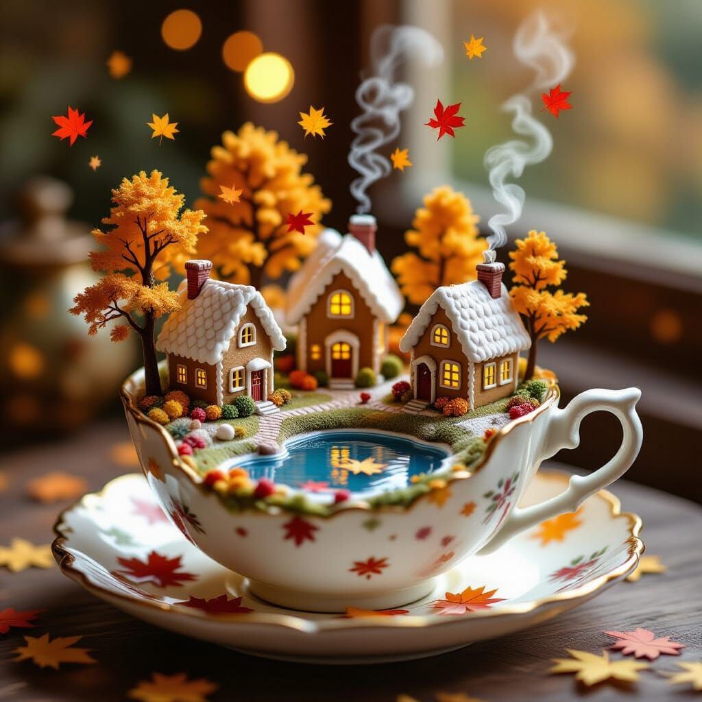 Autumn Village Inside a Teacup Illustration