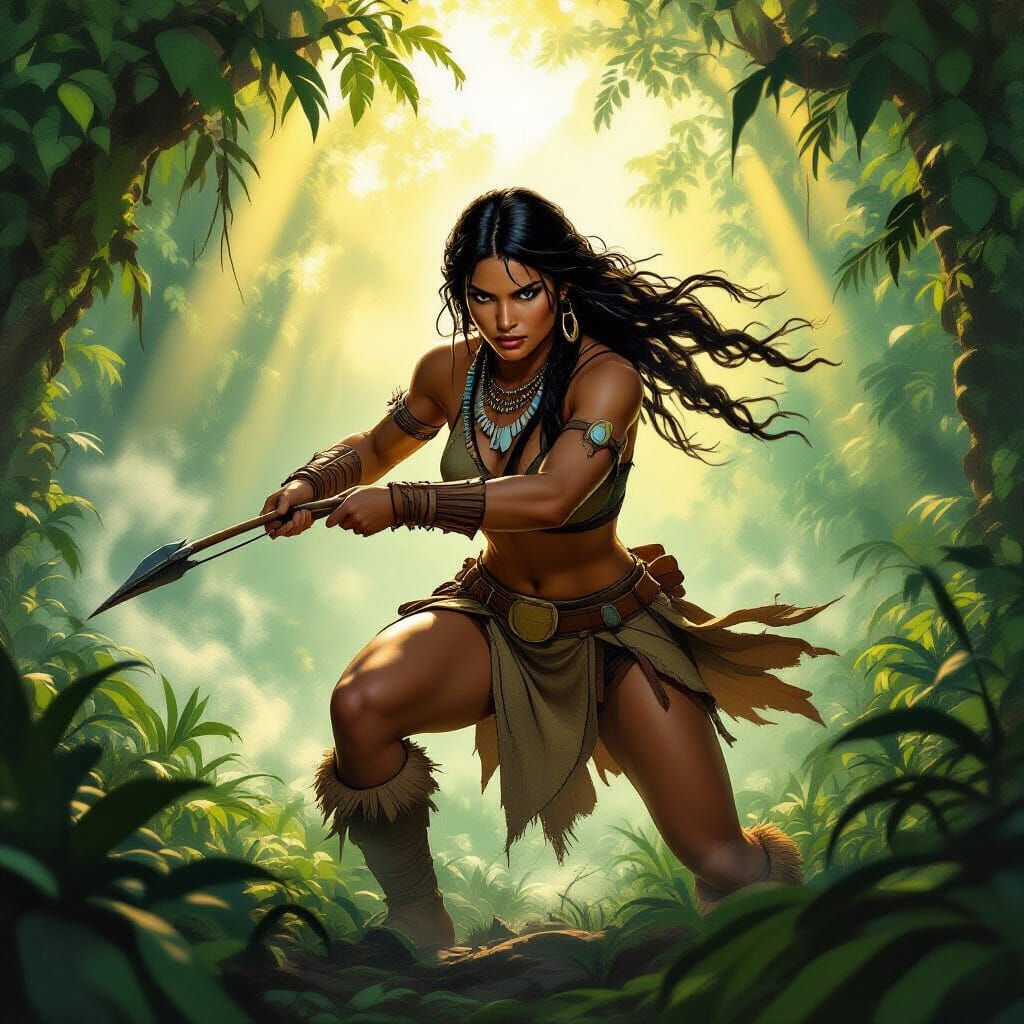 Indigenous Woman Hunts in Lush Jungle at Dawn