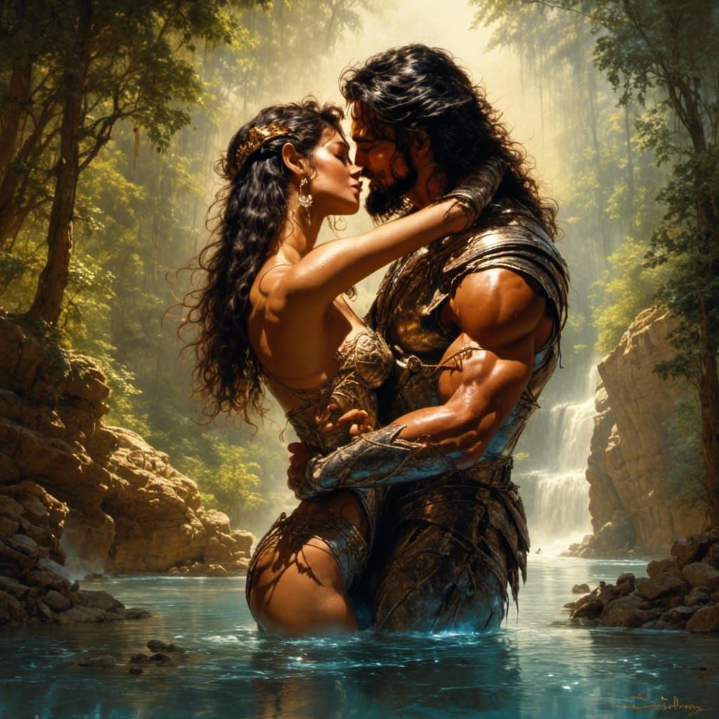 Passionate Lovers Embrace in Exotic Fantasy Art
