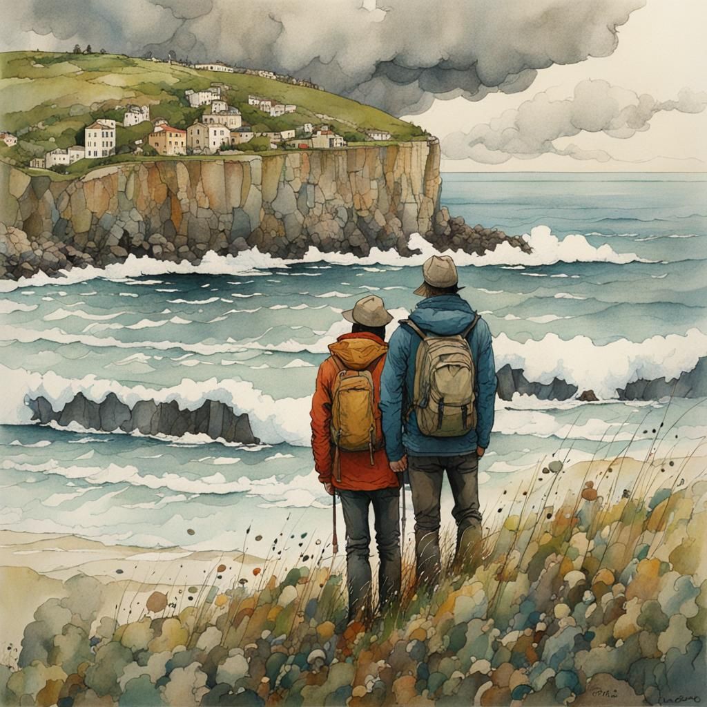 Stormy Coastal Scene in Technical Illustration Style