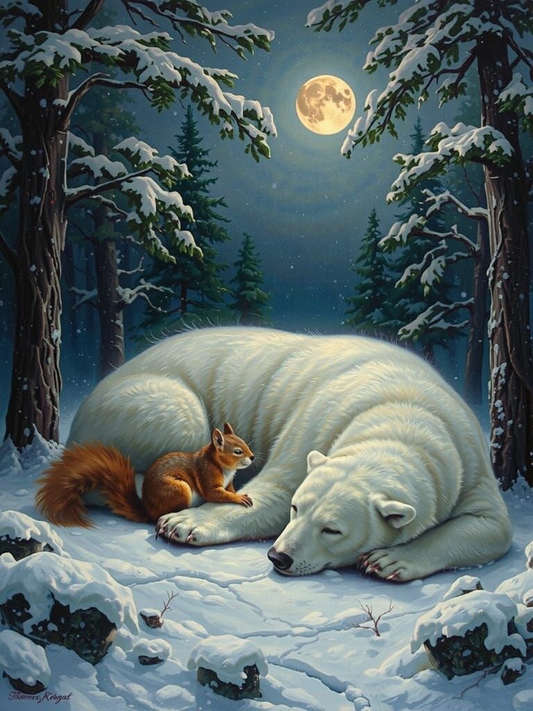 A Squirrel and Polar Bear Cozy in a Blizzard Scene
