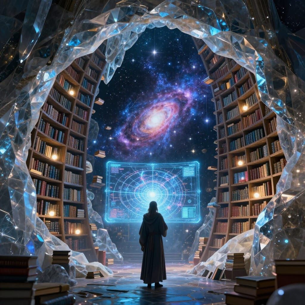 Ancient Geode Library with Celestial Scholar