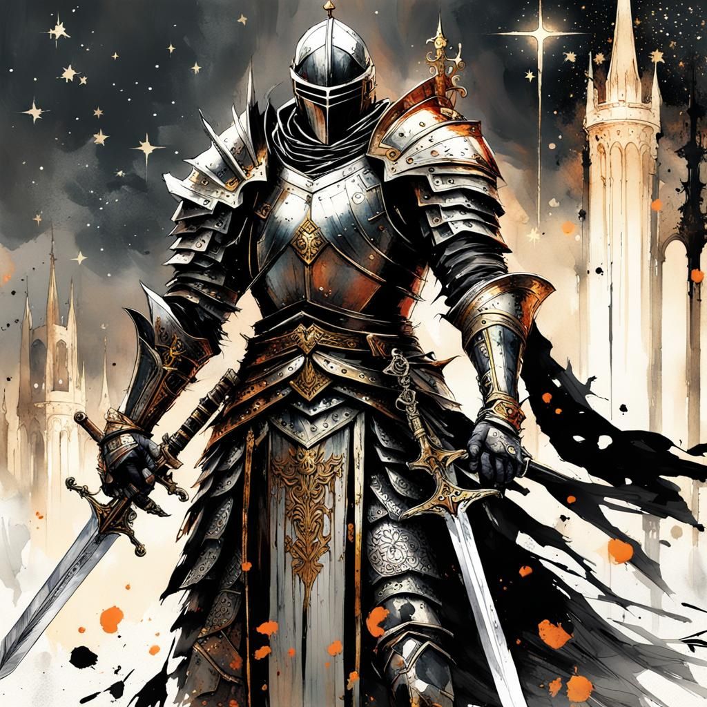 Gothic Knight with Enchanted Sword Under Starry Sky