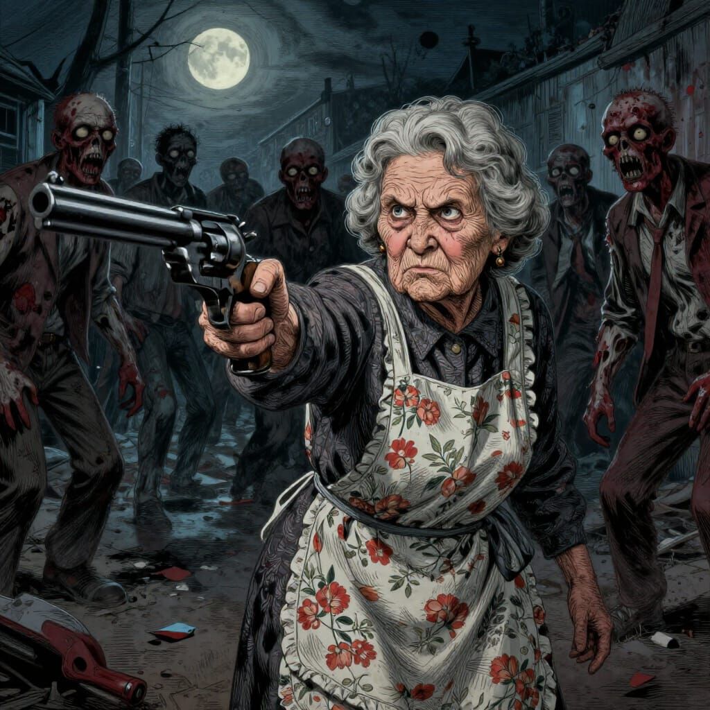 Elderly Grandmother Fights Zombies in Etching Style