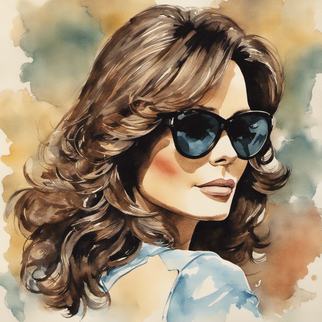 Watercolor Portrait of Woman in Retro Sunglasses