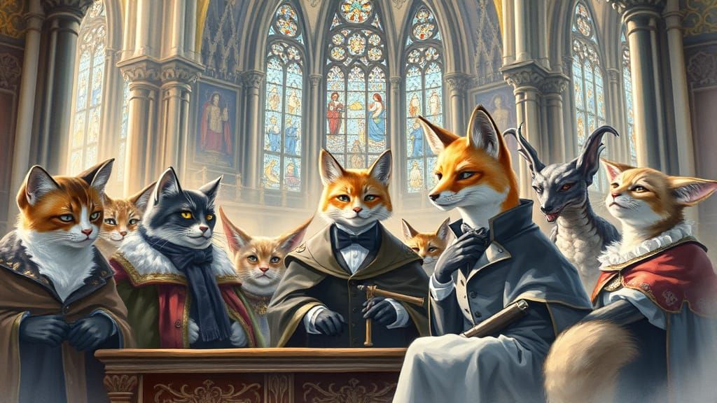 Cats Judge Fox in Gothic Cathedral, Watercolor Style