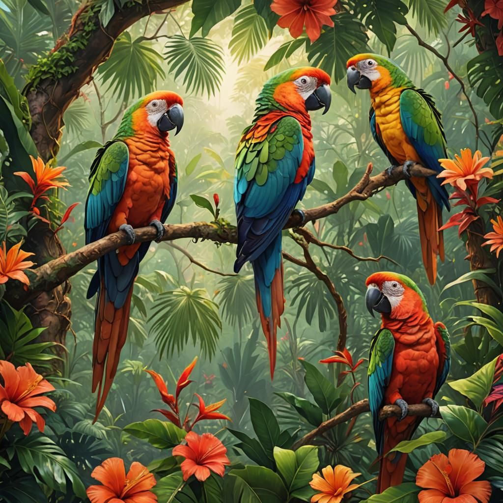 Colorful Parrots in Lush Tropical Wildlife Art