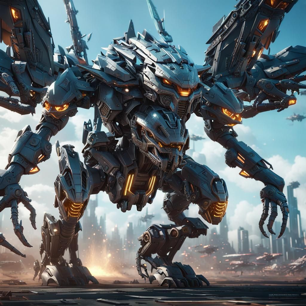 Cyberpunk Mech Dragon Dogfight in Sci-Fi Setting