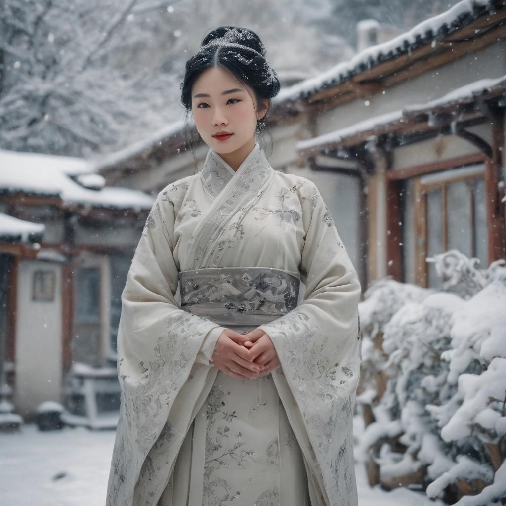 Asian Snow Fox Lady in Snowy Village