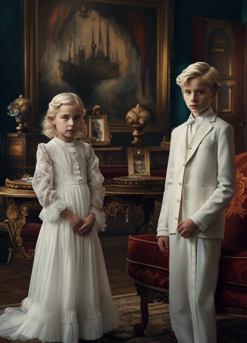 Ghostly Children Portrait in Old-Fashioned Room