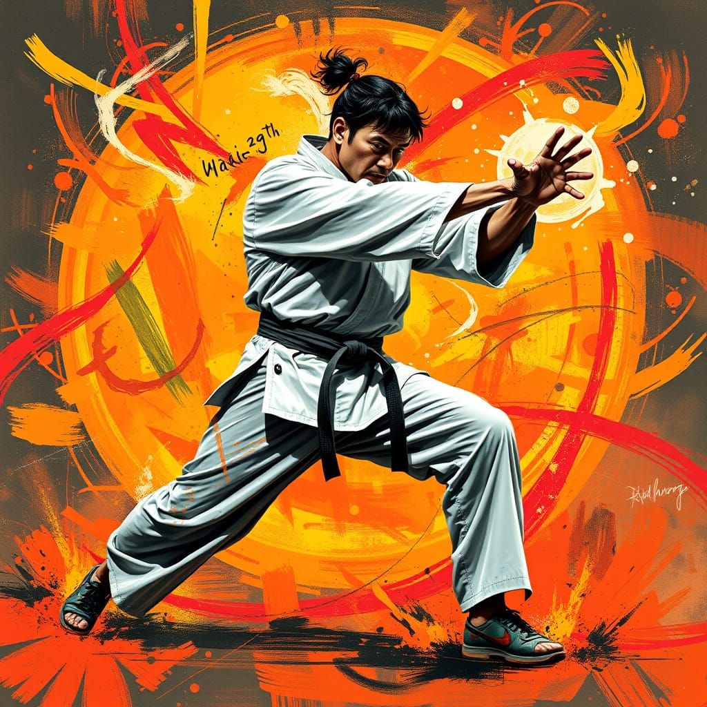 Dynamic Karate Practitioner Surrounded by Swirling Energy