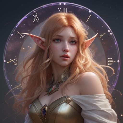 Lamera a strawberry blonde female elf with full lips and a button nose and her hair blowing in the wind looking at firew...
