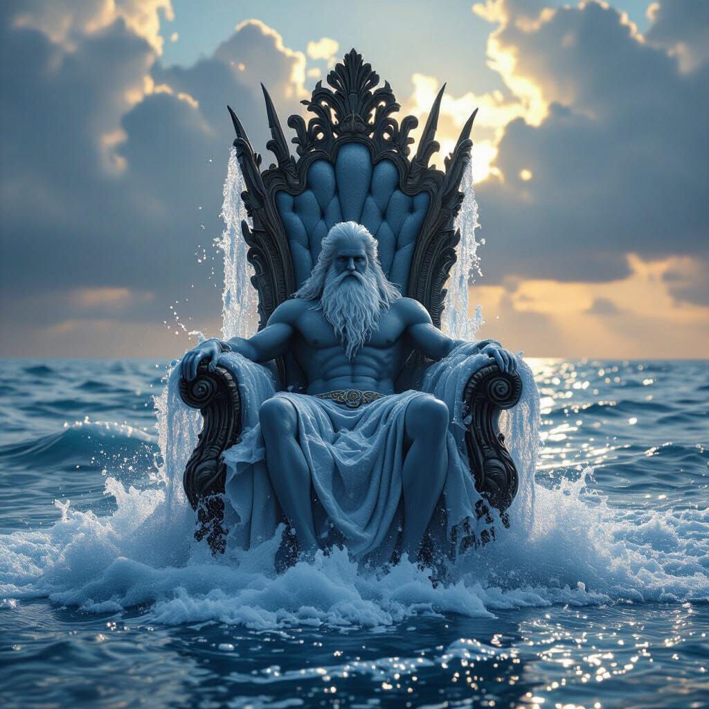 Neptune on Majestic Water Throne Over Ocean