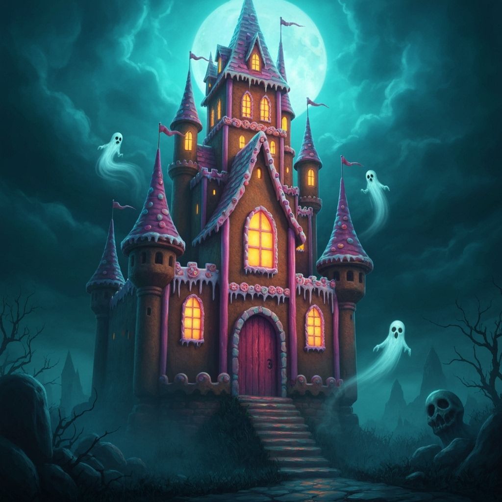 Haunted Candy Castle Under Stormy Moonlit Sky