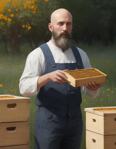 Beekeeper Inspects Honey Frame in Clover Field