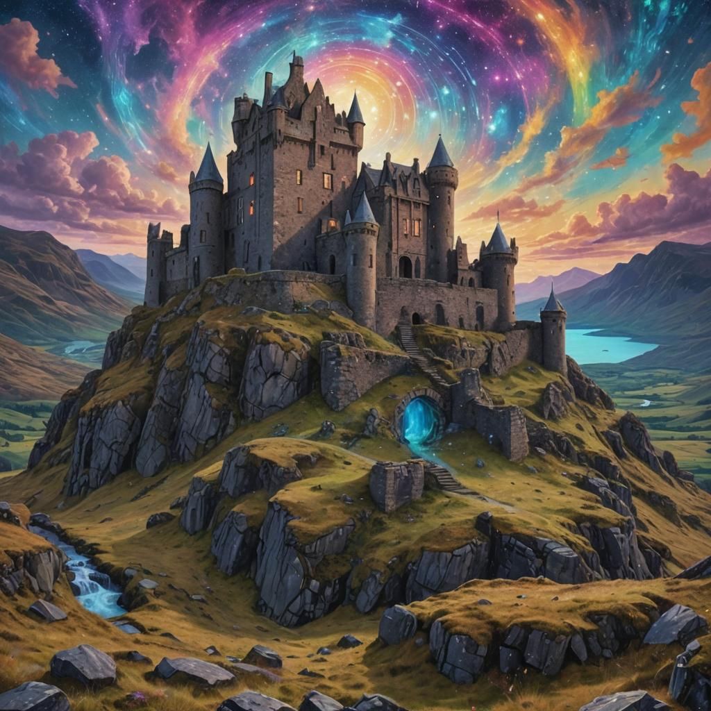 Astral Castle Ruins in Scotland: Mixed Media Illustration