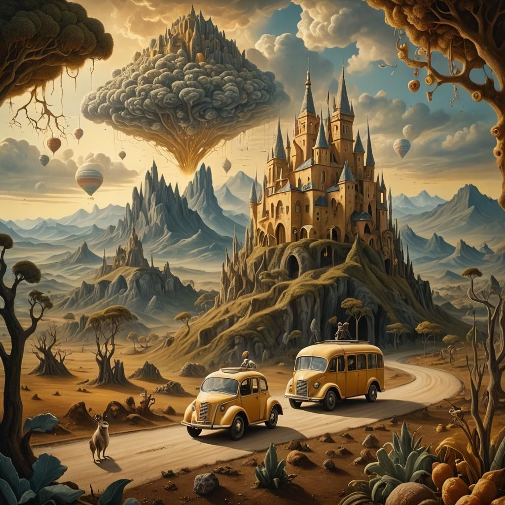 Surreal Creatures Roam Utopian Landscape in Oil Painting