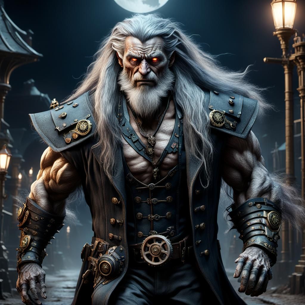 Steampunk Wolfman at Moonlit Festival in Detailed Painting