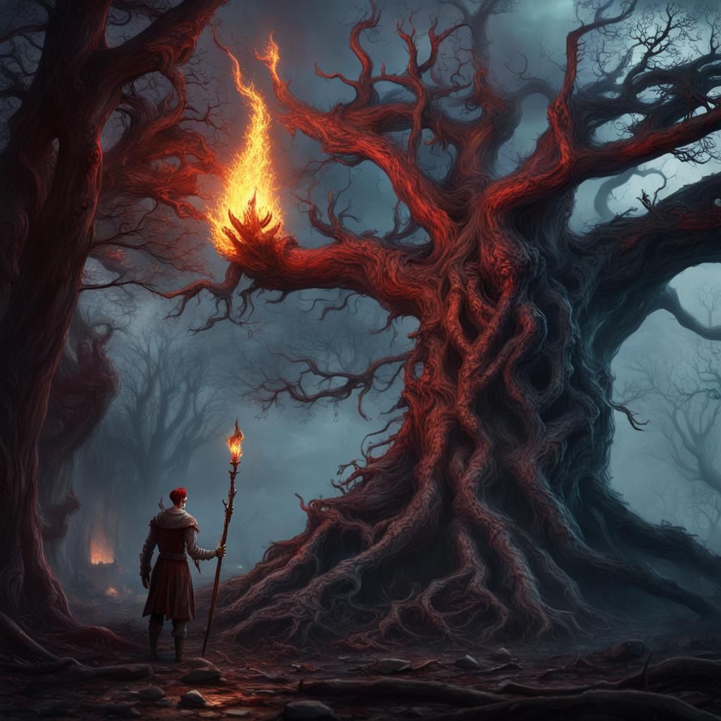 Burning Tree of Corpses in Dark Fantasy Art