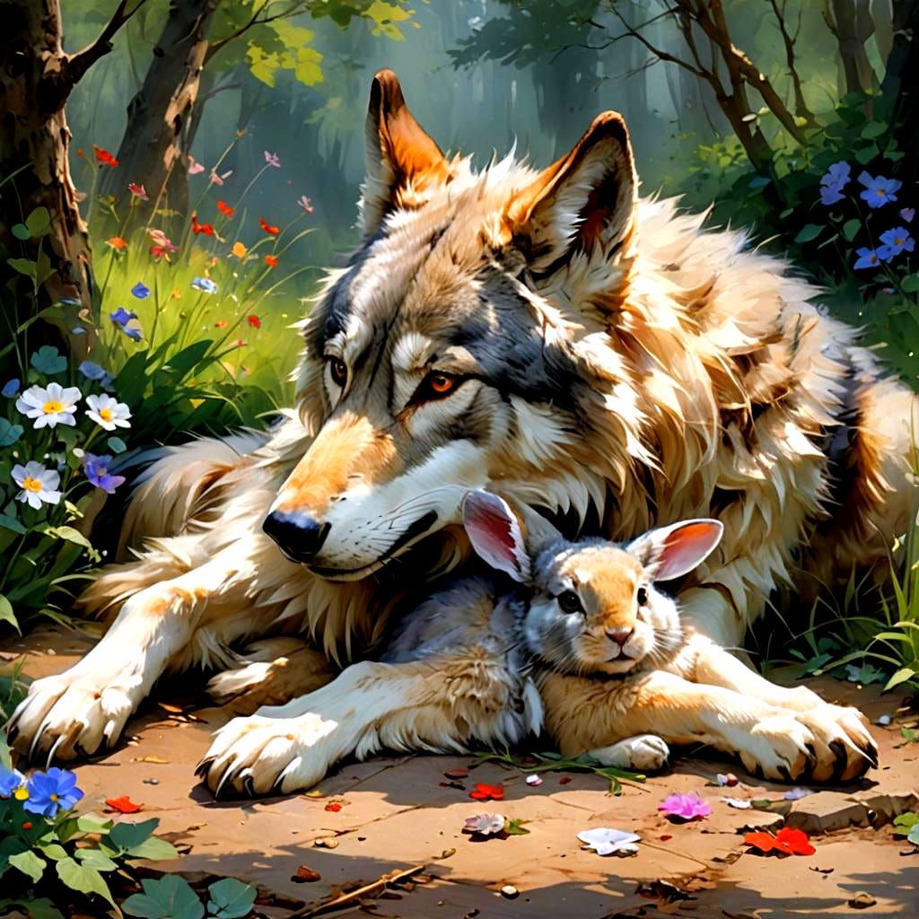 A wolf lies down with a rabbit. They are friends. gossamer hyperdetailed Pino Daeni anime