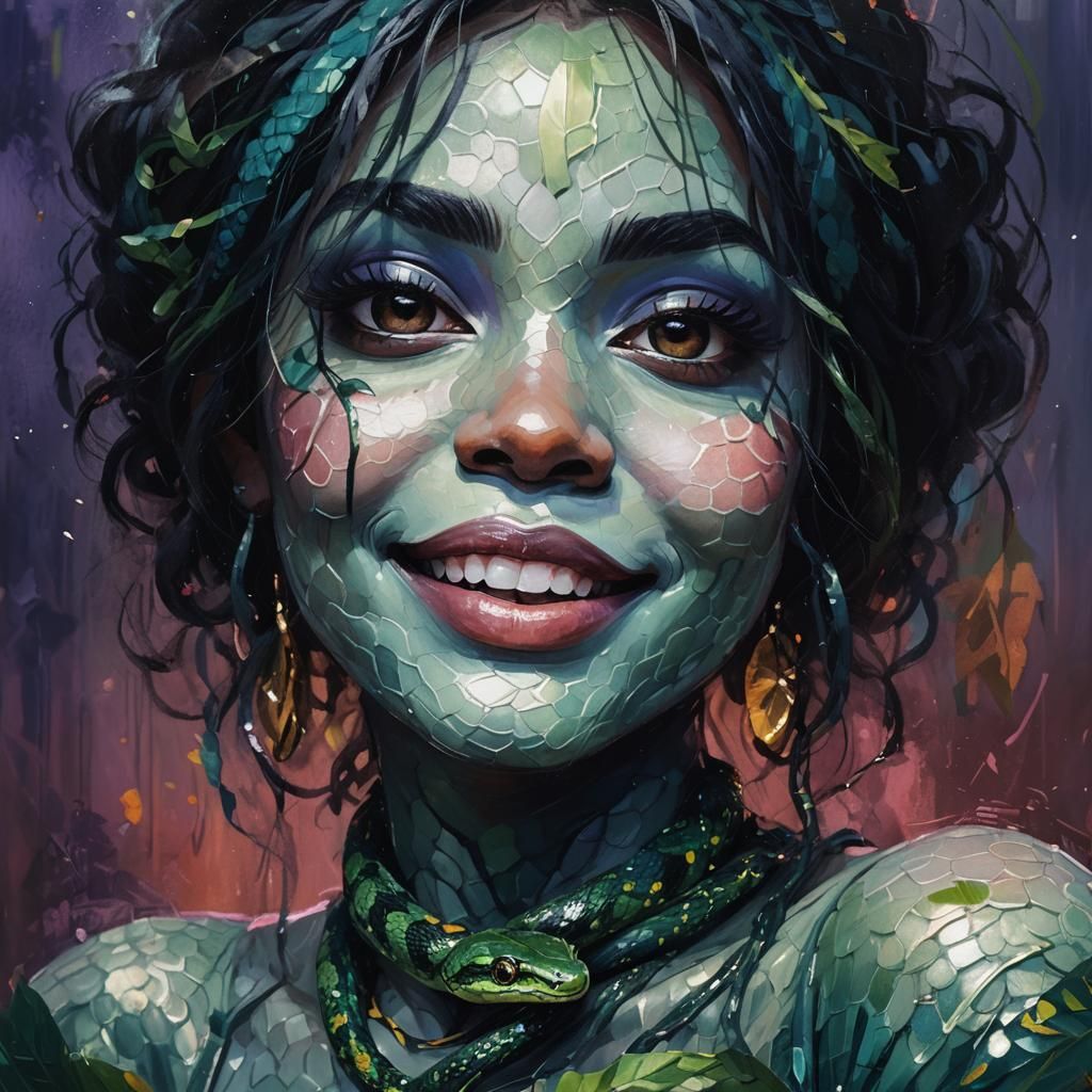 African Beauty with Snake: Impressionist Parallax Portrait