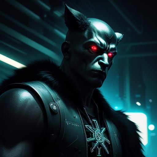 Cyberpunk Monk in Neon Lit Workshop