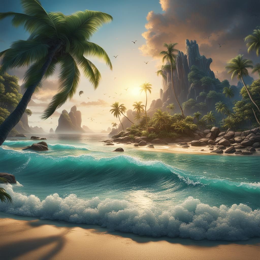 Detailed Tropical Beach in Fantasy Concept Art Style