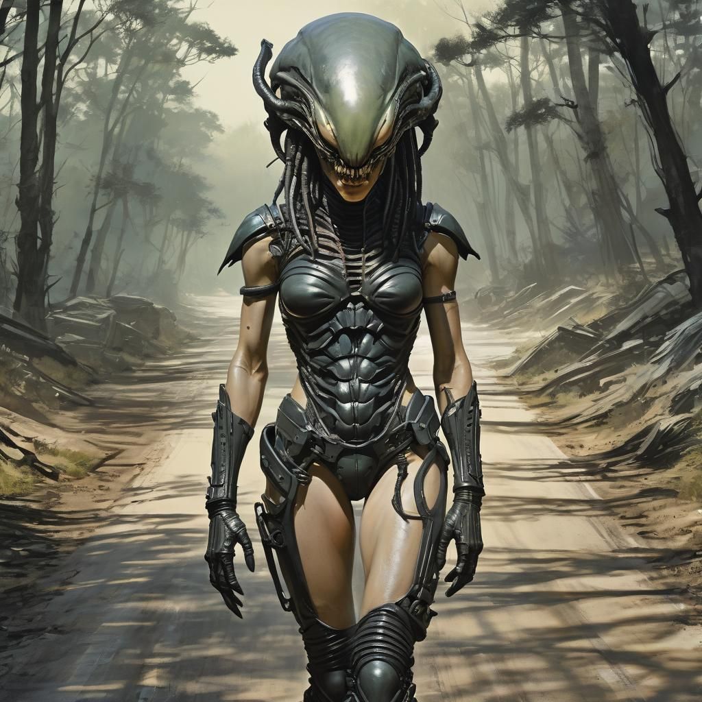 Sapphic Xenomorph Portrait in Colorful Ink Sketch Style