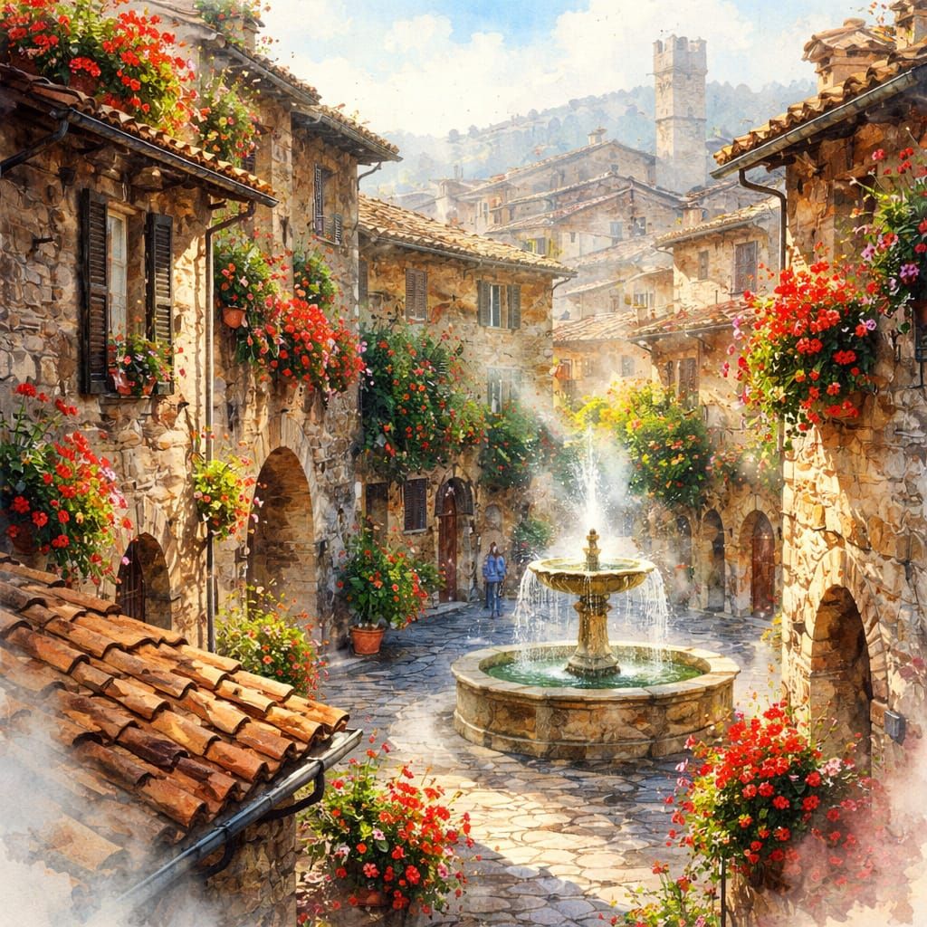 Historic Assisi Piazza with Fountain in Watercolor